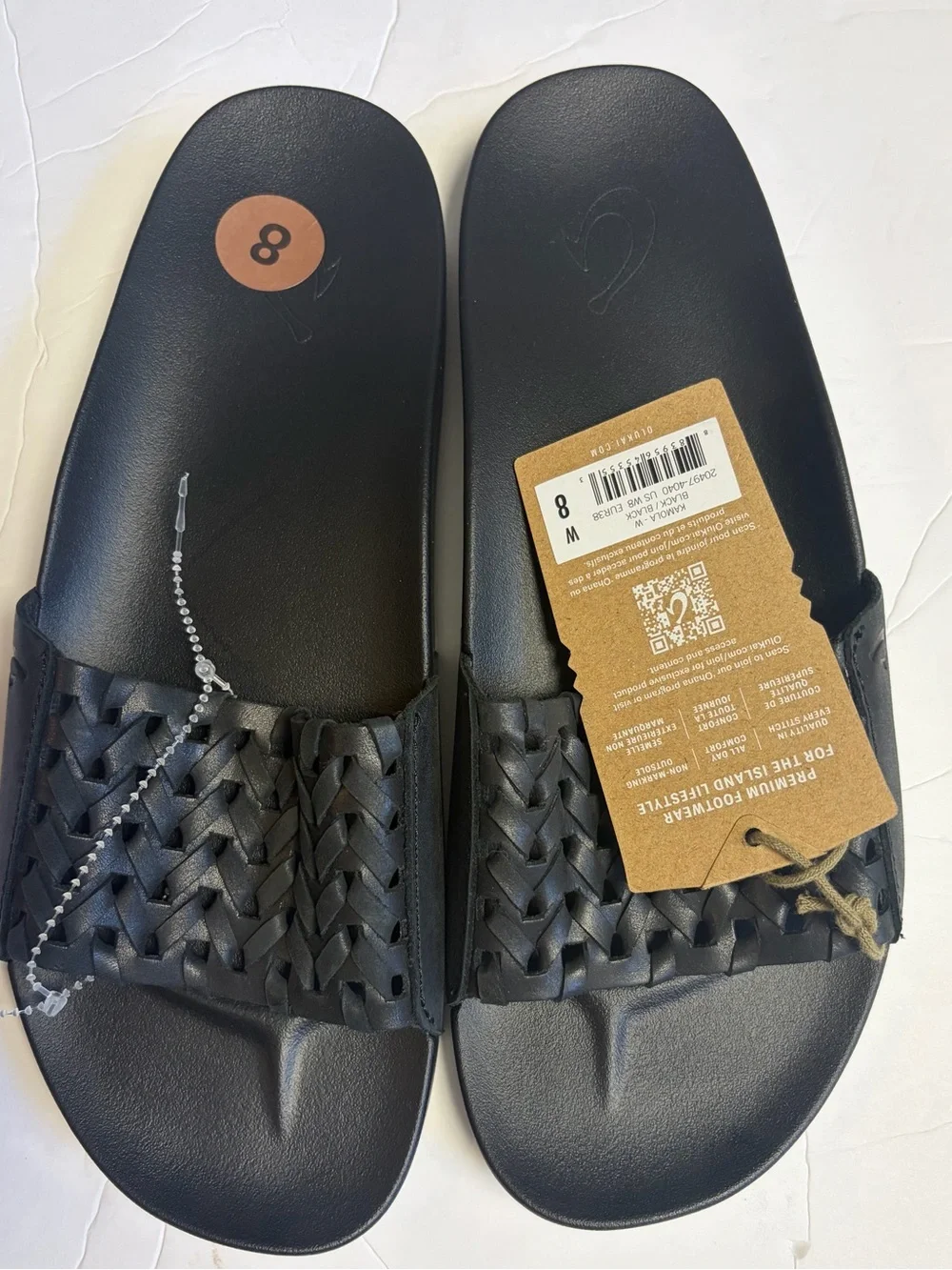 OluKai Kāmola Women’s Black Woven Leather Slide Comfort Sandals Size 8 NWT